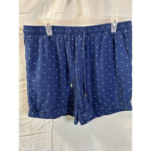 Ellen Tracy Linen Summer Drawing Shorts Navy Blue White Polka Dots Pockets Large - Picture 1 of 5